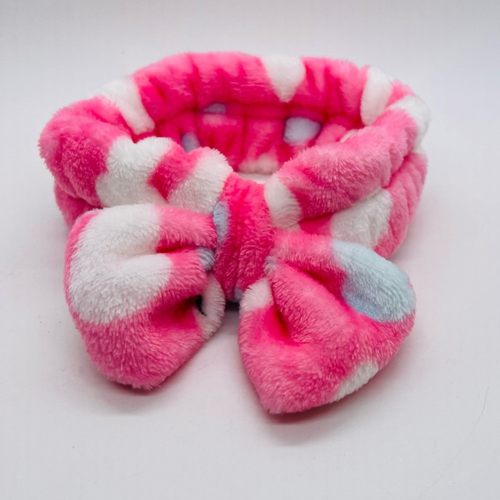 NWOT Spa Day Headband Plush With Bow in Pink and White
